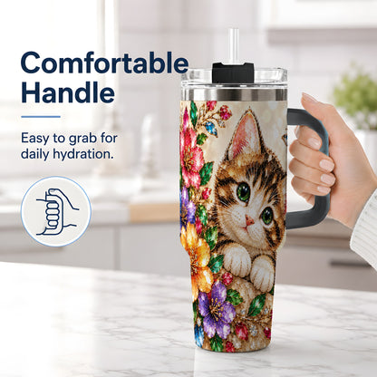 #pl[40oz|Black] Floral Kitten Tumbler, 40oz Stainless Steel Drinkware with Cat Artwork