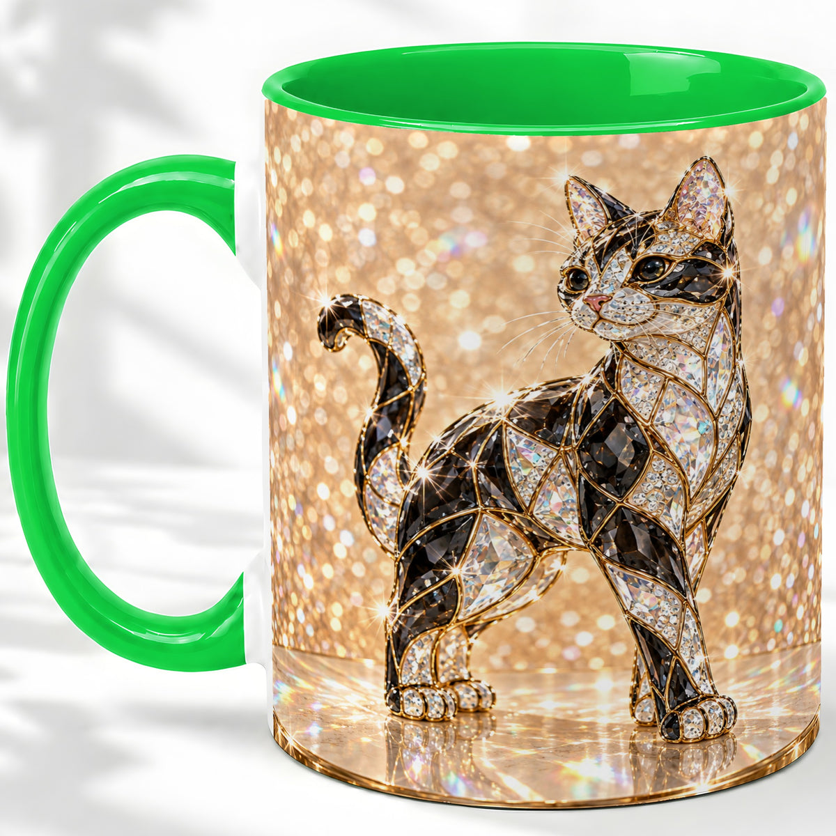 #pl[11oz|Green] Jeweled Cat Accent Mug, Ceramic Mug with Faceted Cat Artwork