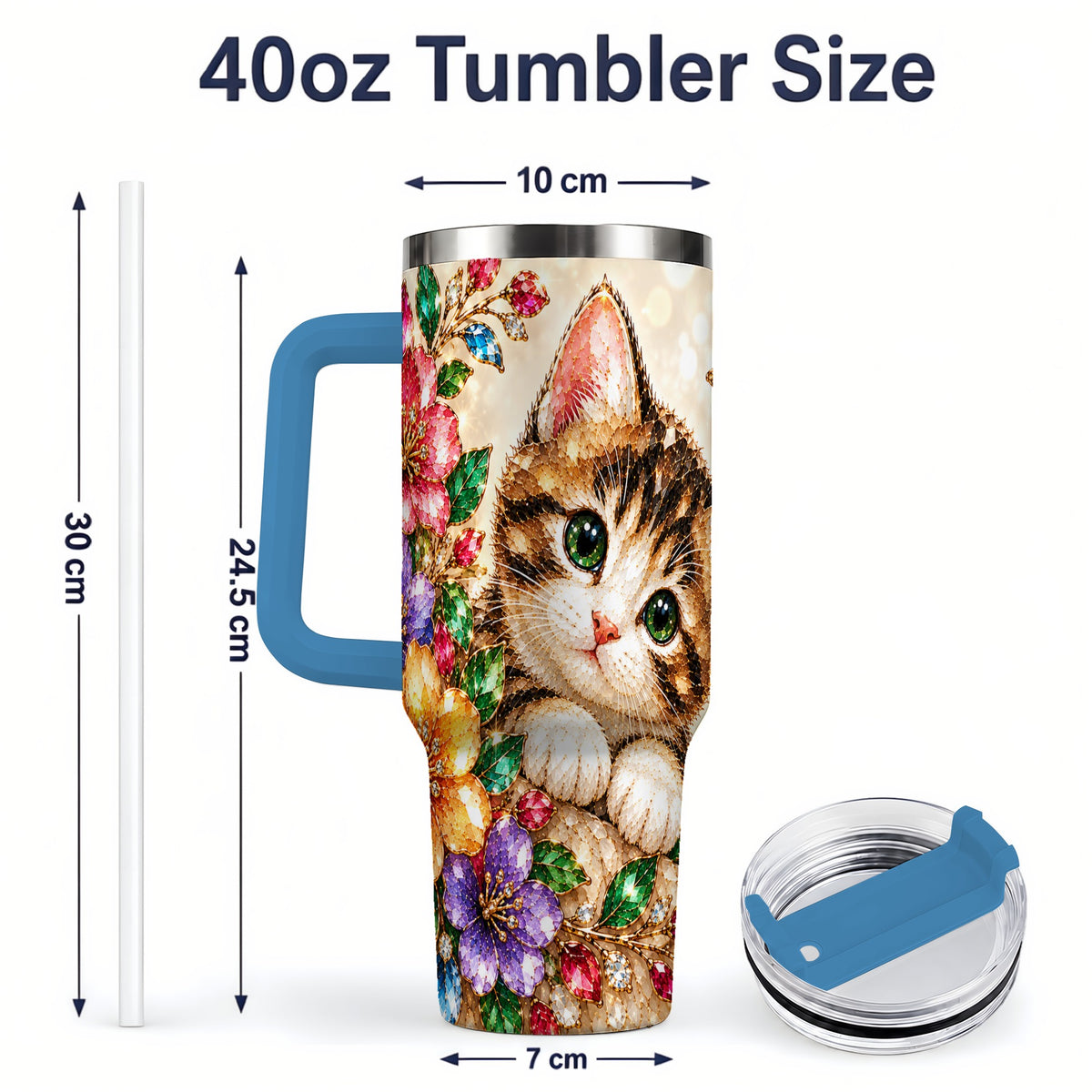 #pl[40oz|Blue] Floral Kitten Tumbler, 40oz Stainless Steel Drinkware with Cat Artwork