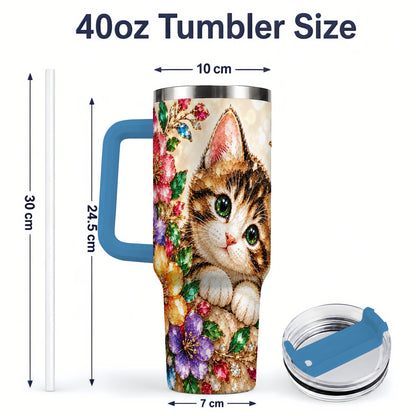 #pl[40oz|Blue] Floral Kitten Tumbler, 40oz Stainless Steel Drinkware with Cat Artwork