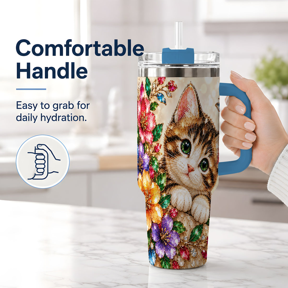 #pl[40oz|Blue] Floral Kitten Tumbler, 40oz Stainless Steel Drinkware with Cat Artwork