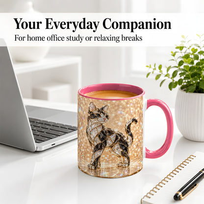 #pl[11oz|Pink] Jeweled Cat Accent Mug, Ceramic Mug with Faceted Cat Artwork