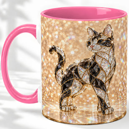 #pl[11oz|Pink] Jeweled Cat Accent Mug, Ceramic Mug with Faceted Cat Artwork