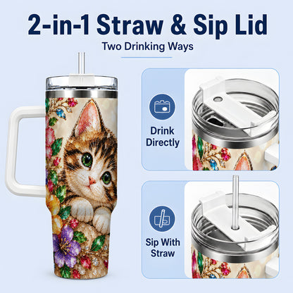 #pl[40oz|White] Floral Kitten Tumbler, 40oz Stainless Steel Drinkware with Cat Artwork