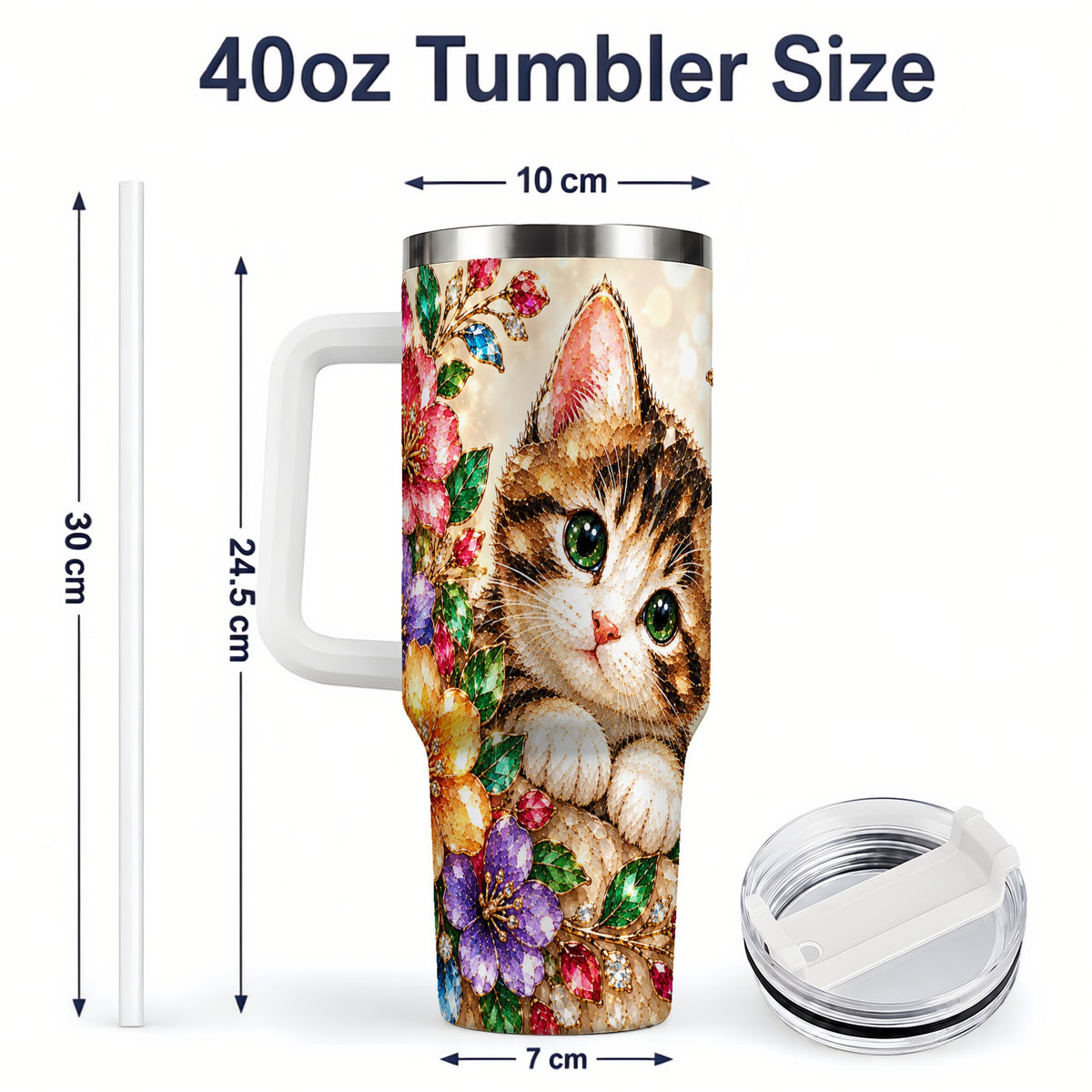 #pl[40oz|White] Floral Kitten Tumbler, 40oz Stainless Steel Drinkware with Cat Artwork