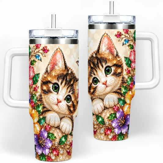 Floral Kitten Tumbler, 40oz Stainless Steel Drinkware with Cat Artwork
