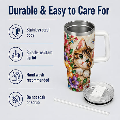 Floral Kitten Tumbler, 40oz Stainless Steel Drinkware with Cat Artwork