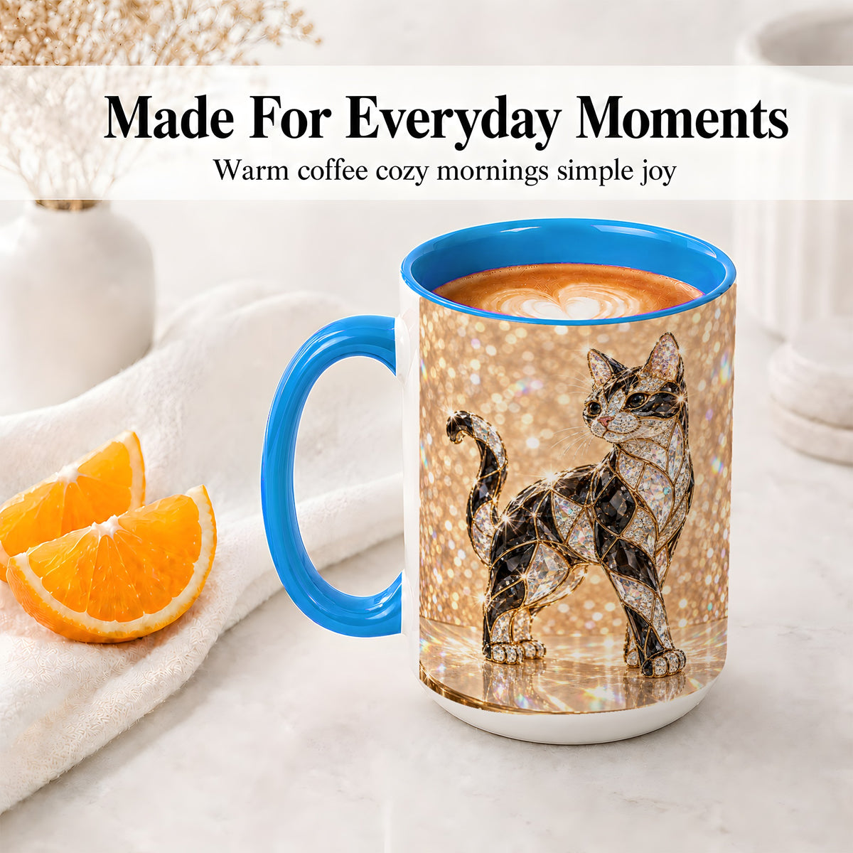 #pl[15oz|Blue] Jeweled Cat Accent Mug, Ceramic Mug with Faceted Cat Artwork