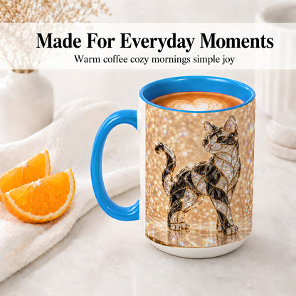 #pl[15oz|Blue] Jeweled Cat Accent Mug, Ceramic Mug with Faceted Cat Artwork