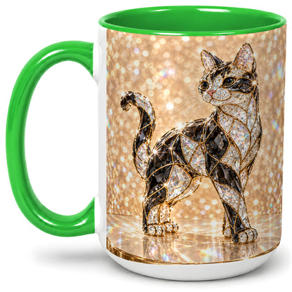 #pl[15oz|Green] Jeweled Cat Accent Mug, Ceramic Mug with Faceted Cat Artwork