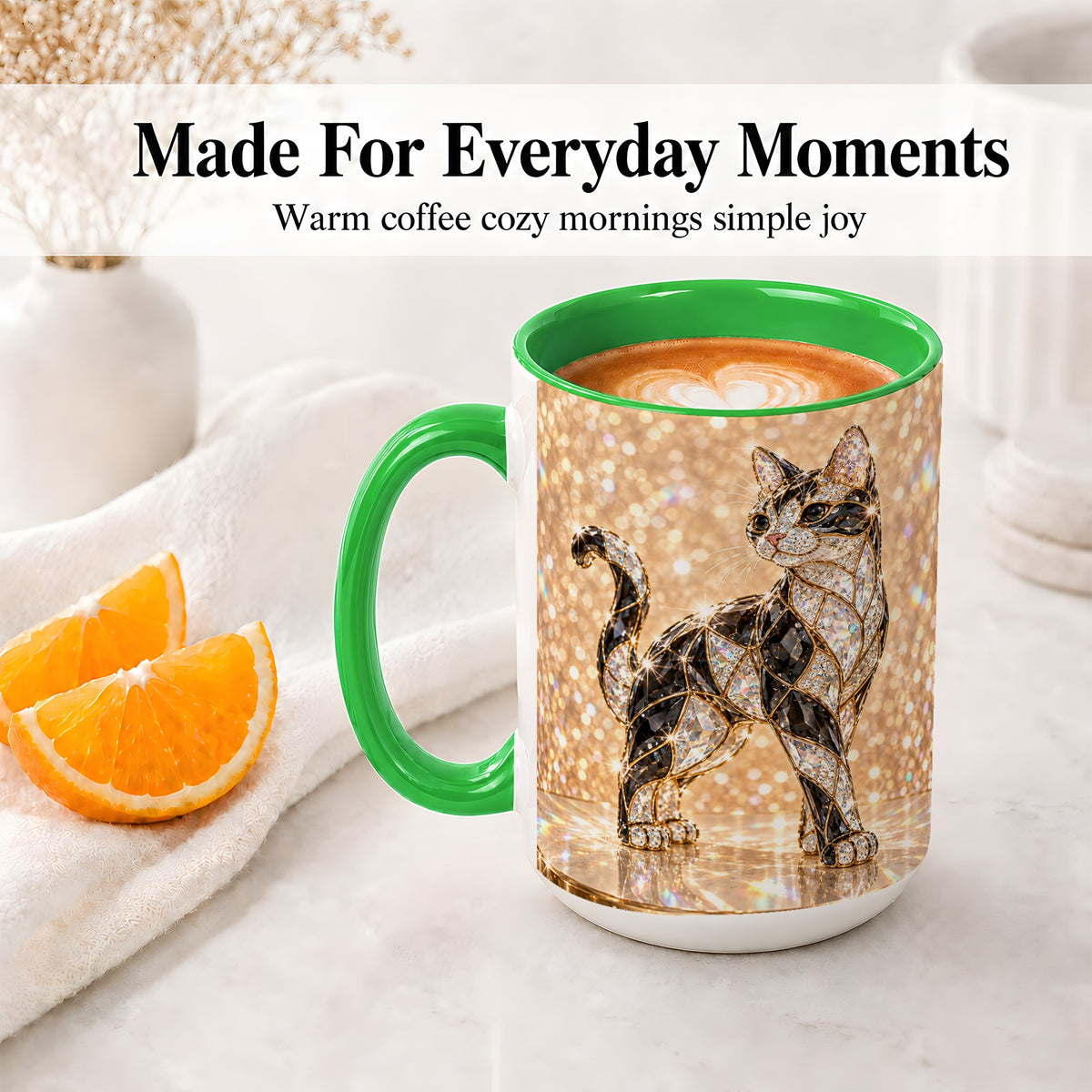 #pl[15oz|Green] Jeweled Cat Accent Mug, Ceramic Mug with Faceted Cat Artwork