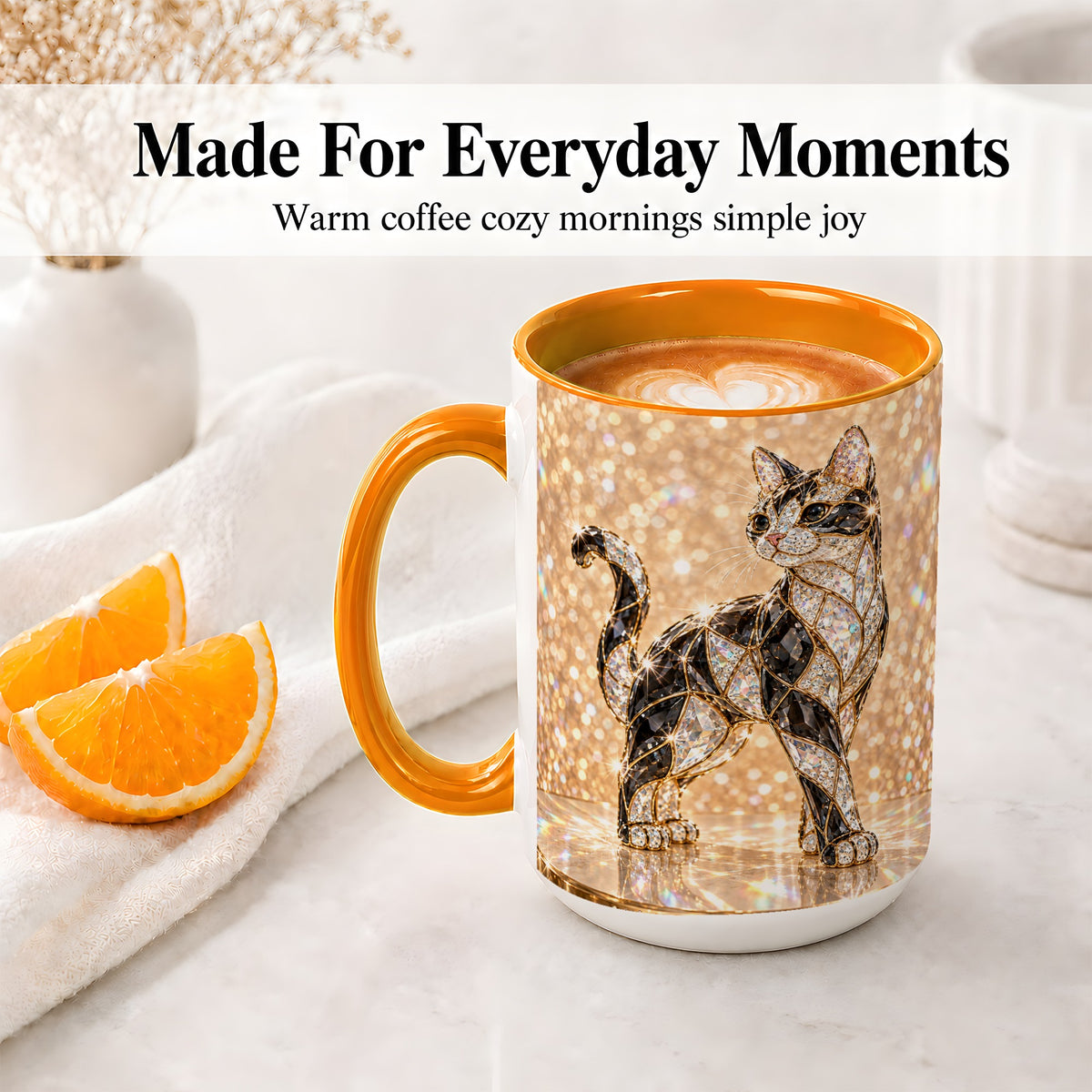 #pl[15oz|Orange] Jeweled Cat Accent Mug, Ceramic Mug with Faceted Cat Artwork