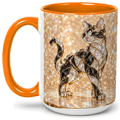 #pl[15oz|Orange] Jeweled Cat Accent Mug, Ceramic Mug with Faceted Cat Artwork