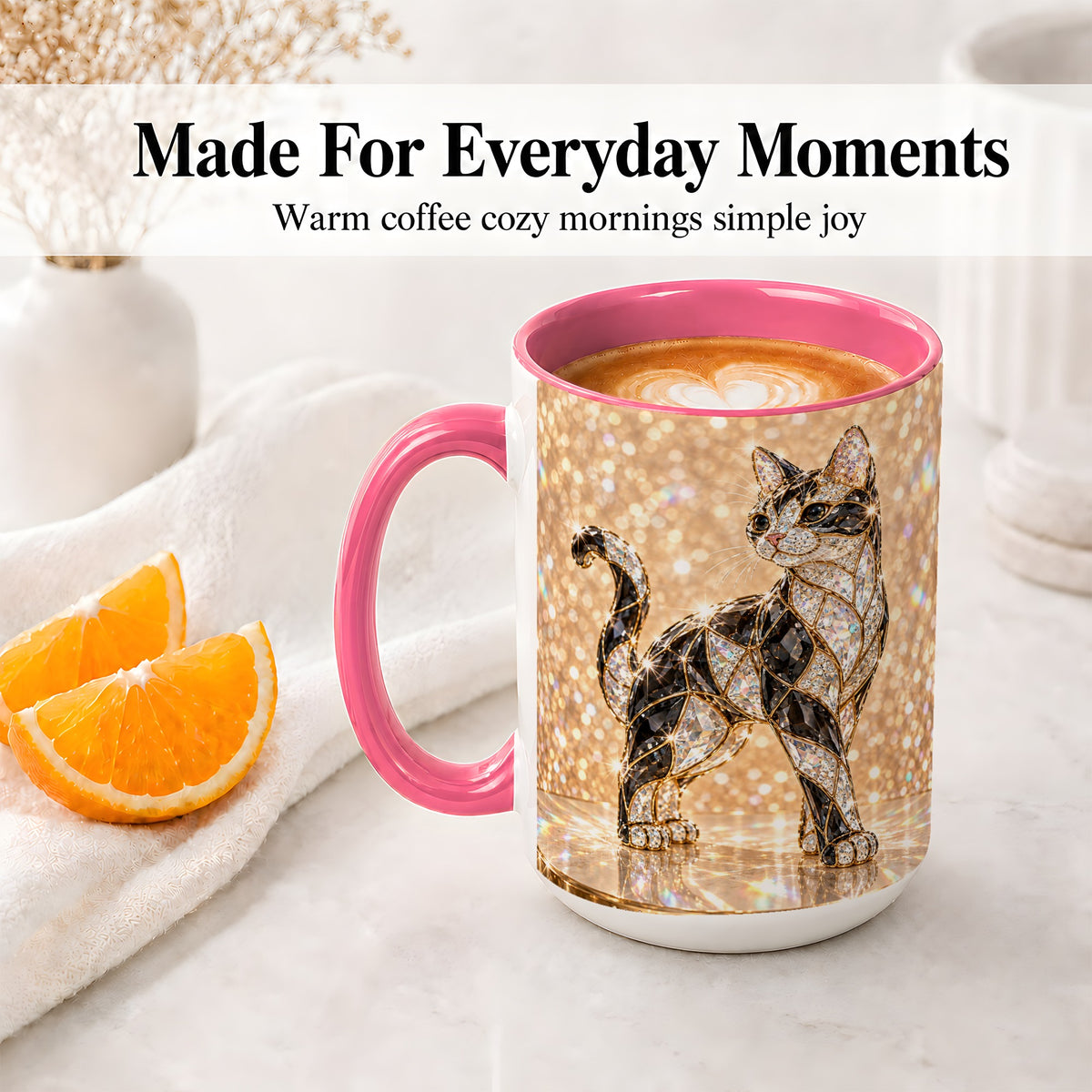 #pl[15oz|Pink] Jeweled Cat Accent Mug, Ceramic Mug with Faceted Cat Artwork