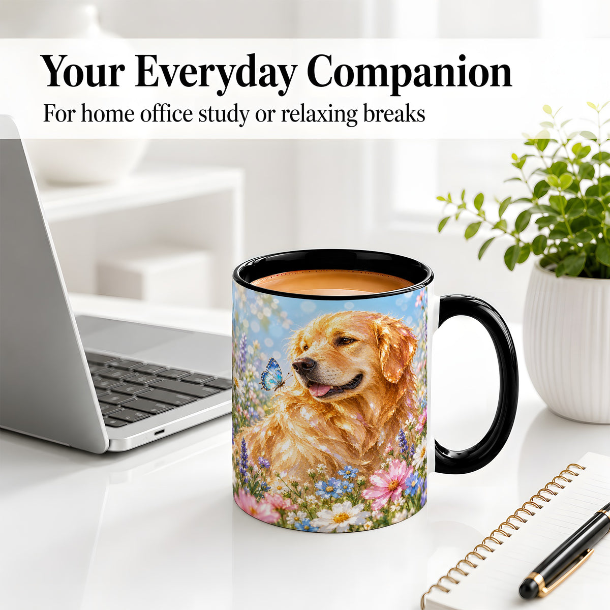 #pl[11oz|Black] Golden Retriever Floral Accent Mug, Ceramic Mug with Dog Artwork