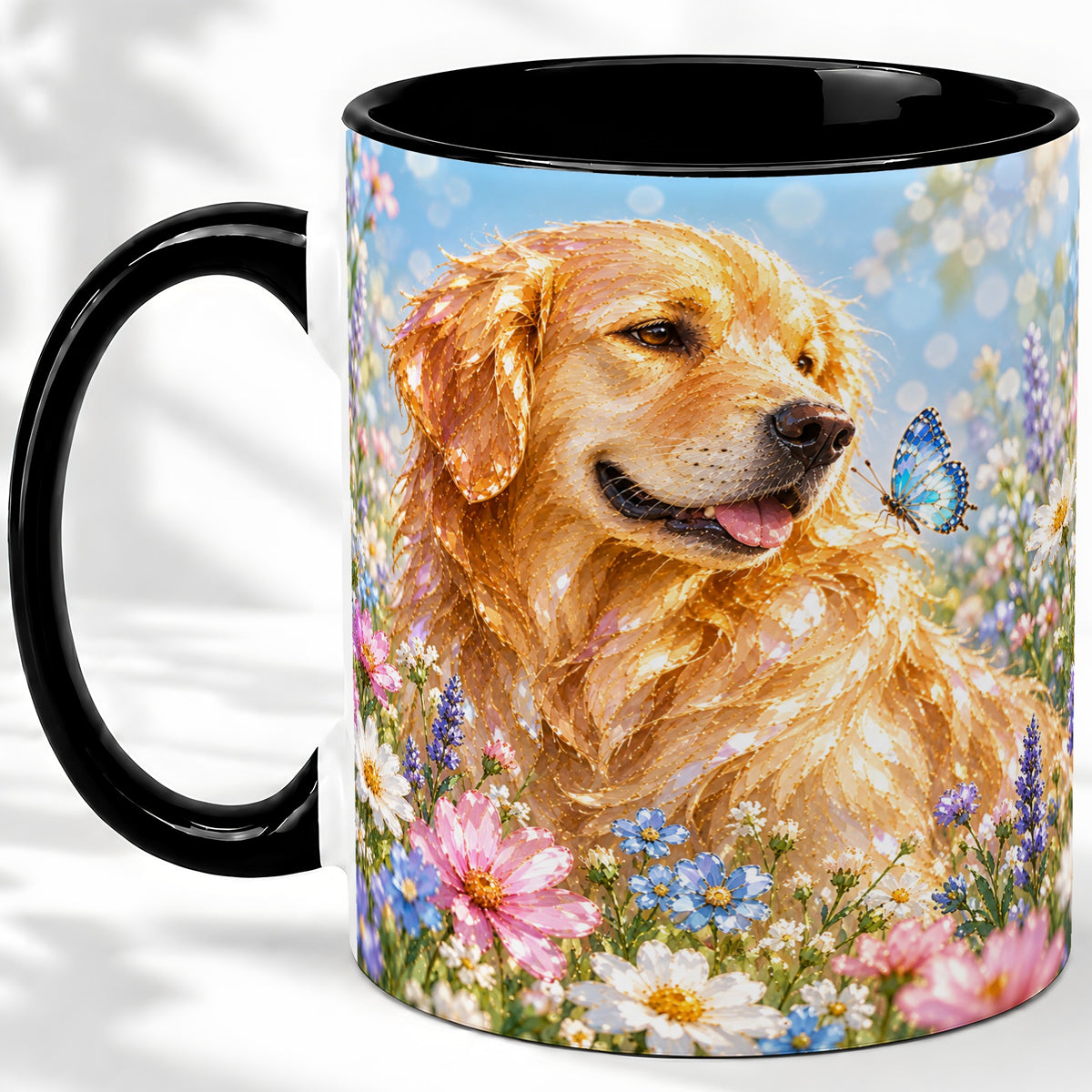 #pl[11oz|Black] Golden Retriever Floral Accent Mug, Ceramic Mug with Dog Artwork