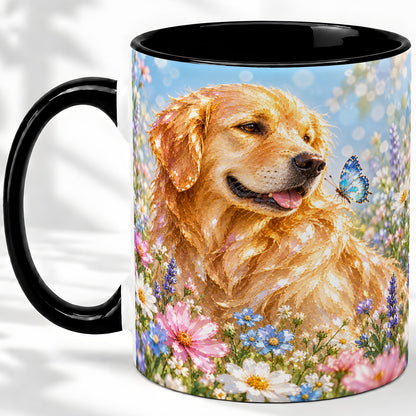 #pl[11oz|Black] Golden Retriever Floral Accent Mug, Ceramic Mug with Dog Artwork