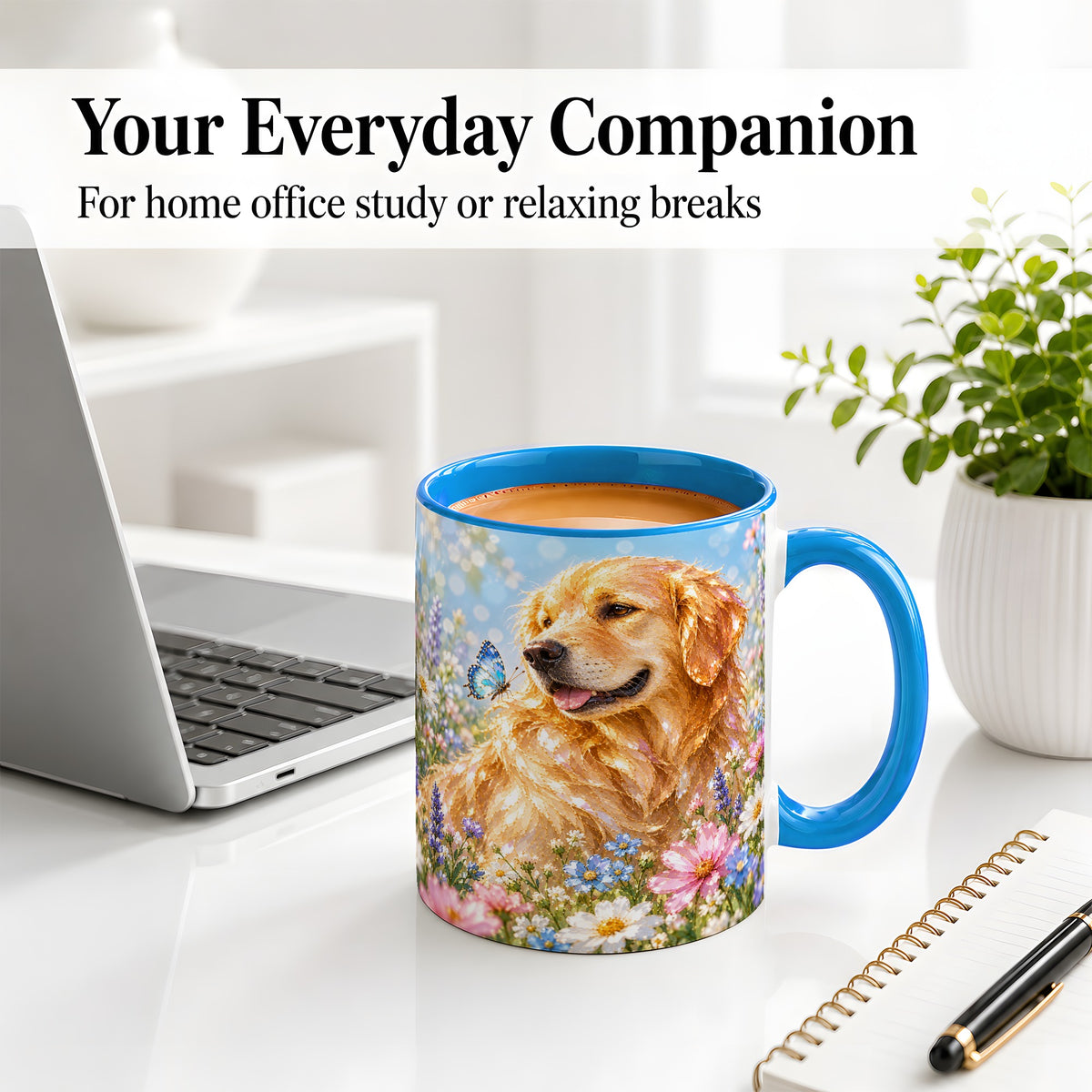 #pl[11oz|Blue] Golden Retriever Floral Accent Mug, Ceramic Mug with Dog Artwork