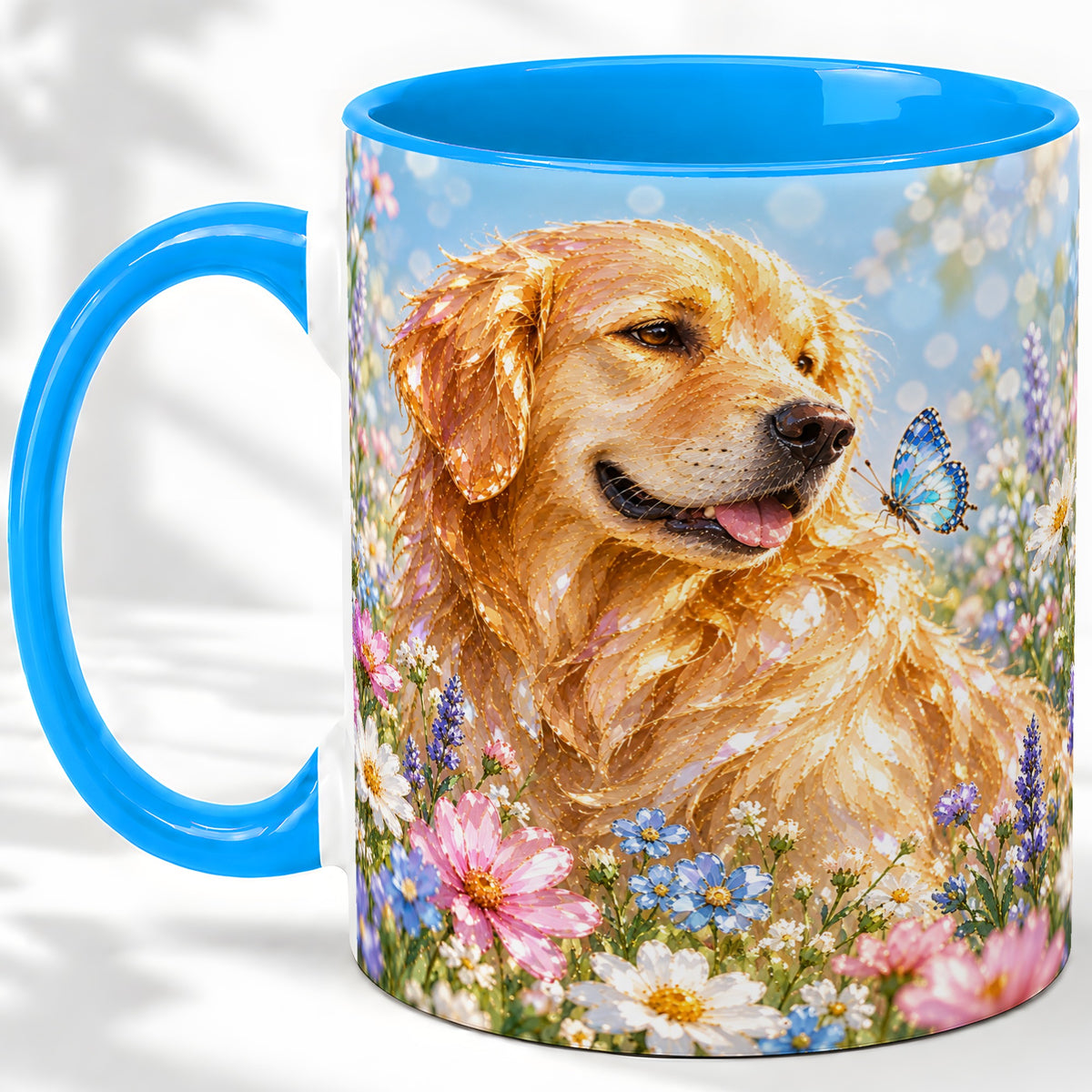 #pl[11oz|Blue] Golden Retriever Floral Accent Mug, Ceramic Mug with Dog Artwork