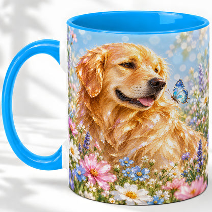 #pl[11oz|Blue] Golden Retriever Floral Accent Mug, Ceramic Mug with Dog Artwork