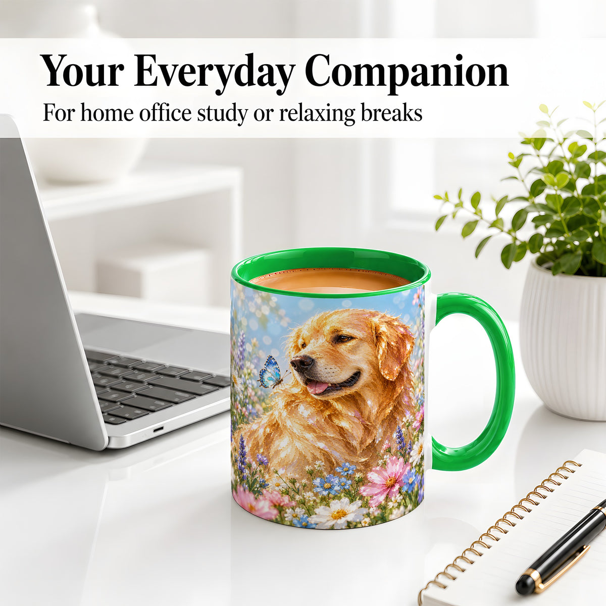 #pl[11oz|Green] Golden Retriever Floral Accent Mug, Ceramic Mug with Dog Artwork