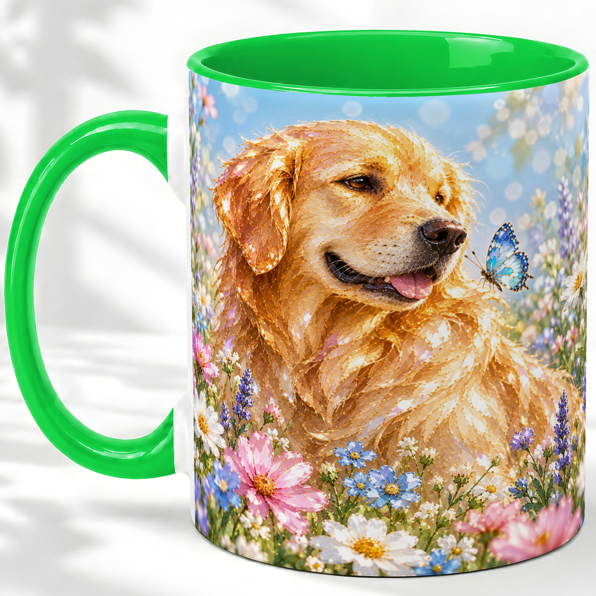 #pl[11oz|Green] Golden Retriever Floral Accent Mug, Ceramic Mug with Dog Artwork