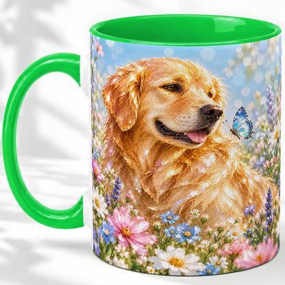 #pl[11oz|Green] Golden Retriever Floral Accent Mug, Ceramic Mug with Dog Artwork