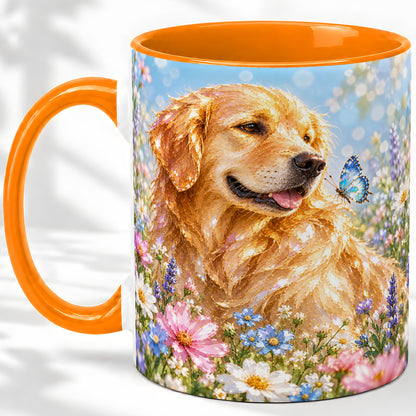 #pl[11oz|Orange] Golden Retriever Floral Accent Mug, Ceramic Mug with Dog Artwork