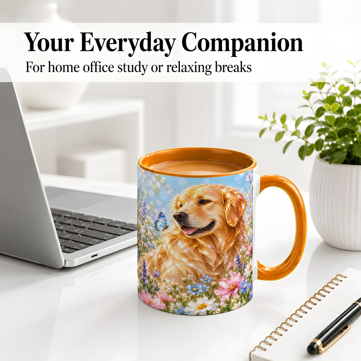 #pl[11oz|Orange] Golden Retriever Floral Accent Mug, Ceramic Mug with Dog Artwork