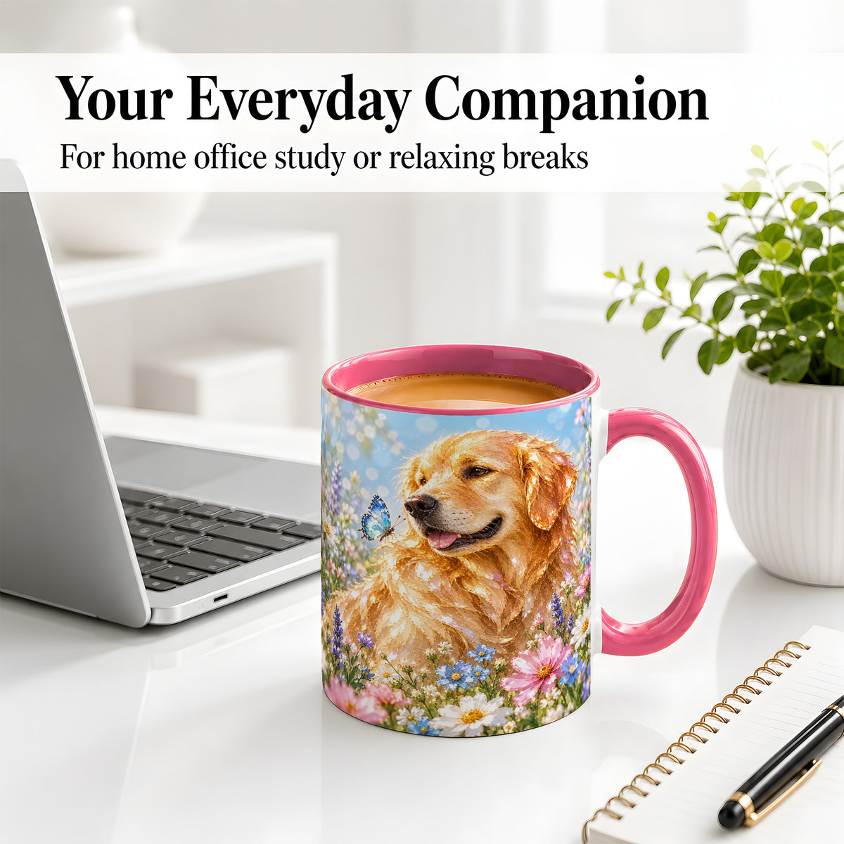 #pl[11oz|Pink] Golden Retriever Floral Accent Mug, Ceramic Mug with Dog Artwork