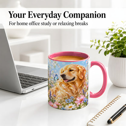 #pl[11oz|Pink] Golden Retriever Floral Accent Mug, Ceramic Mug with Dog Artwork