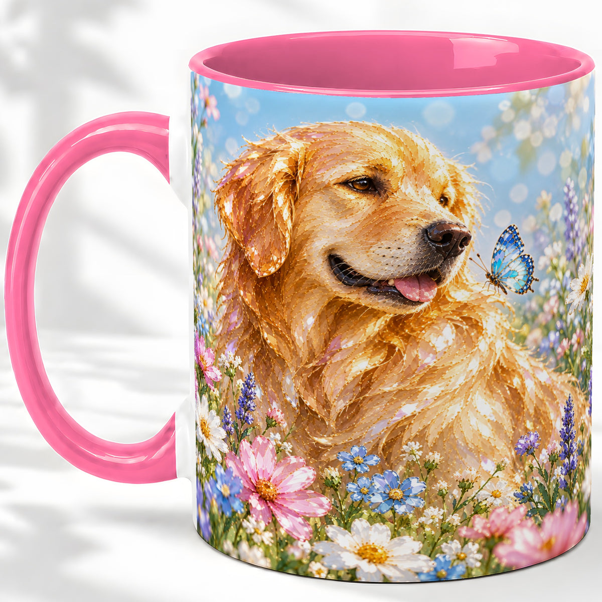 #pl[11oz|Pink] Golden Retriever Floral Accent Mug, Ceramic Mug with Dog Artwork