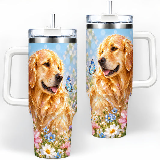 Golden Retriever Tumbler, 40oz Stainless Steel Drinkware with Floral Art