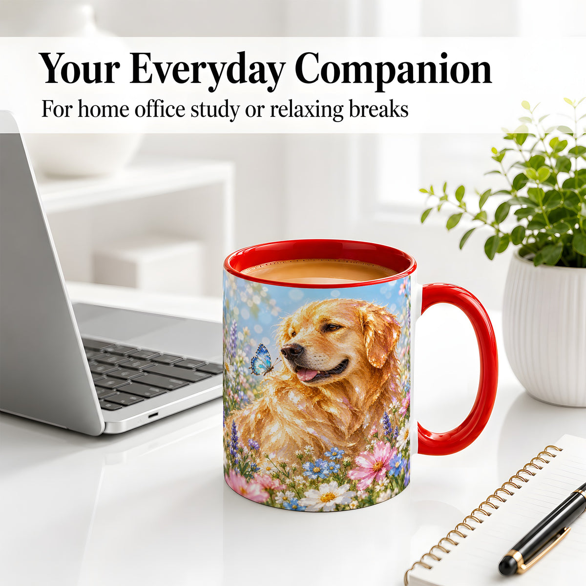 #pl[11oz|Red] Golden Retriever Floral Accent Mug, Ceramic Mug with Dog Artwork