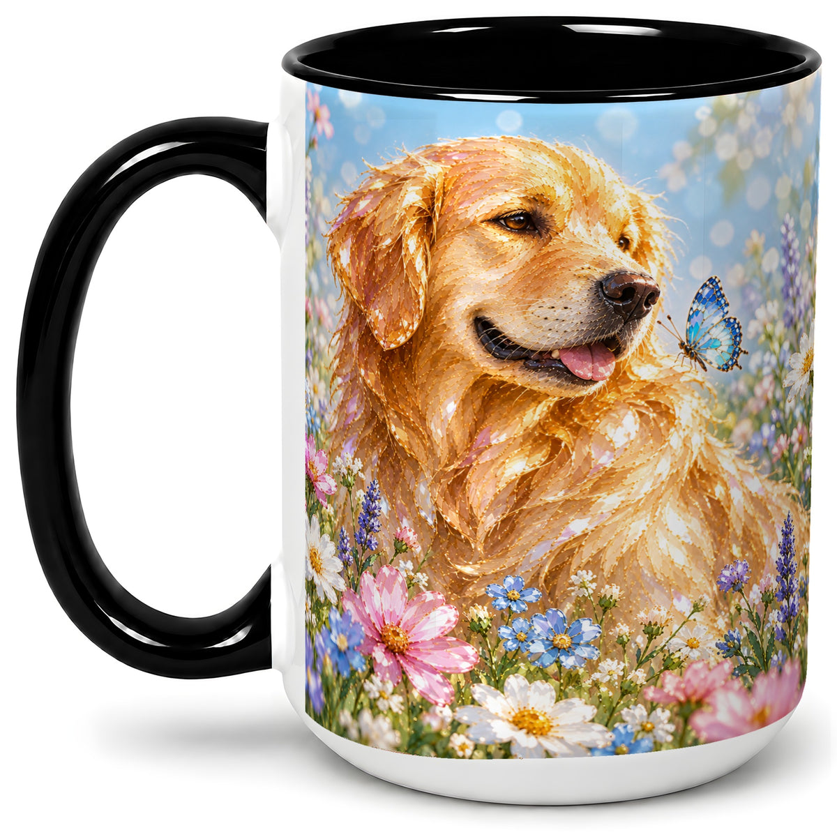 #pl[15oz|Black] Golden Retriever Floral Accent Mug, Ceramic Mug with Dog Artwork