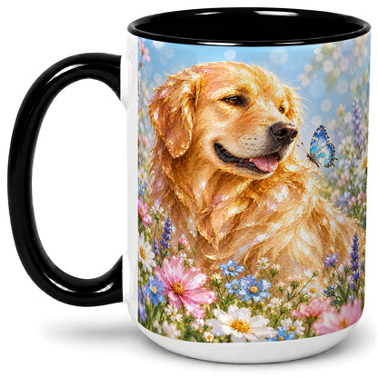 #pl[15oz|Black] Golden Retriever Floral Accent Mug, Ceramic Mug with Dog Artwork