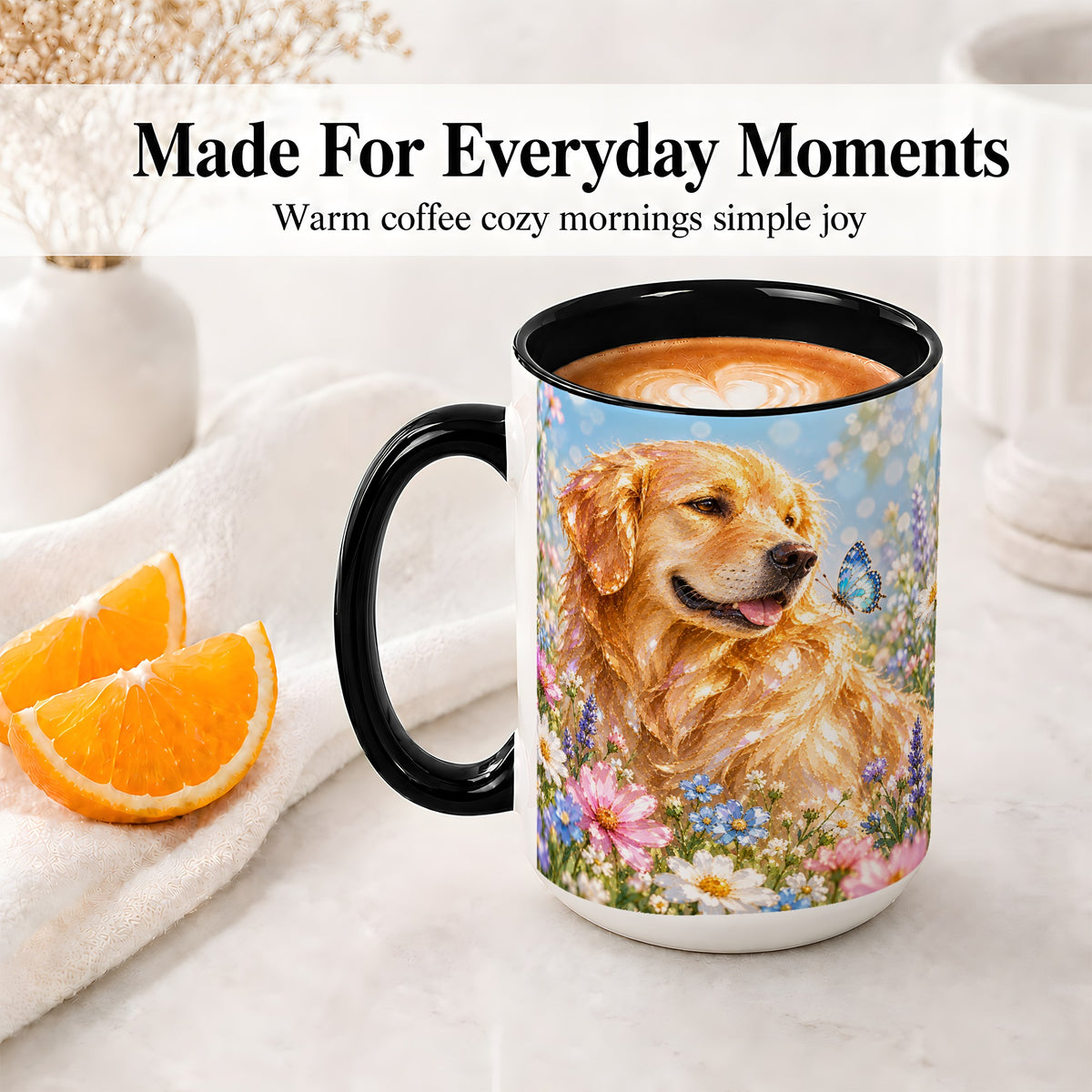 #pl[15oz|Black] Golden Retriever Floral Accent Mug, Ceramic Mug with Dog Artwork