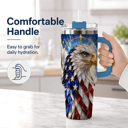 #pl[40oz|Blue] Patriotic Bald Eagle Tumbler, 40oz Stainless Steel Drinkware with Flag Art