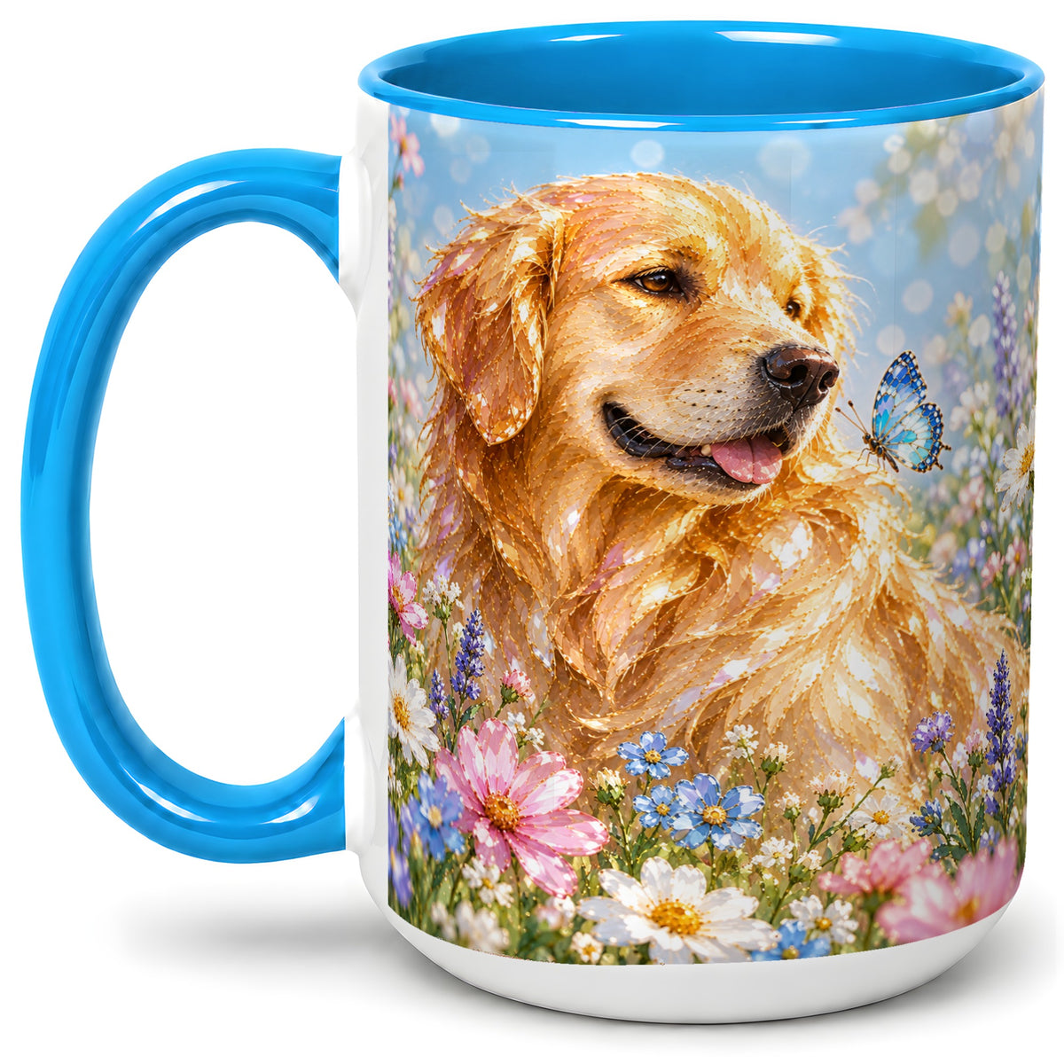 #pl[15oz|Blue] Golden Retriever Floral Accent Mug, Ceramic Mug with Dog Artwork