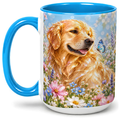 #pl[15oz|Blue] Golden Retriever Floral Accent Mug, Ceramic Mug with Dog Artwork