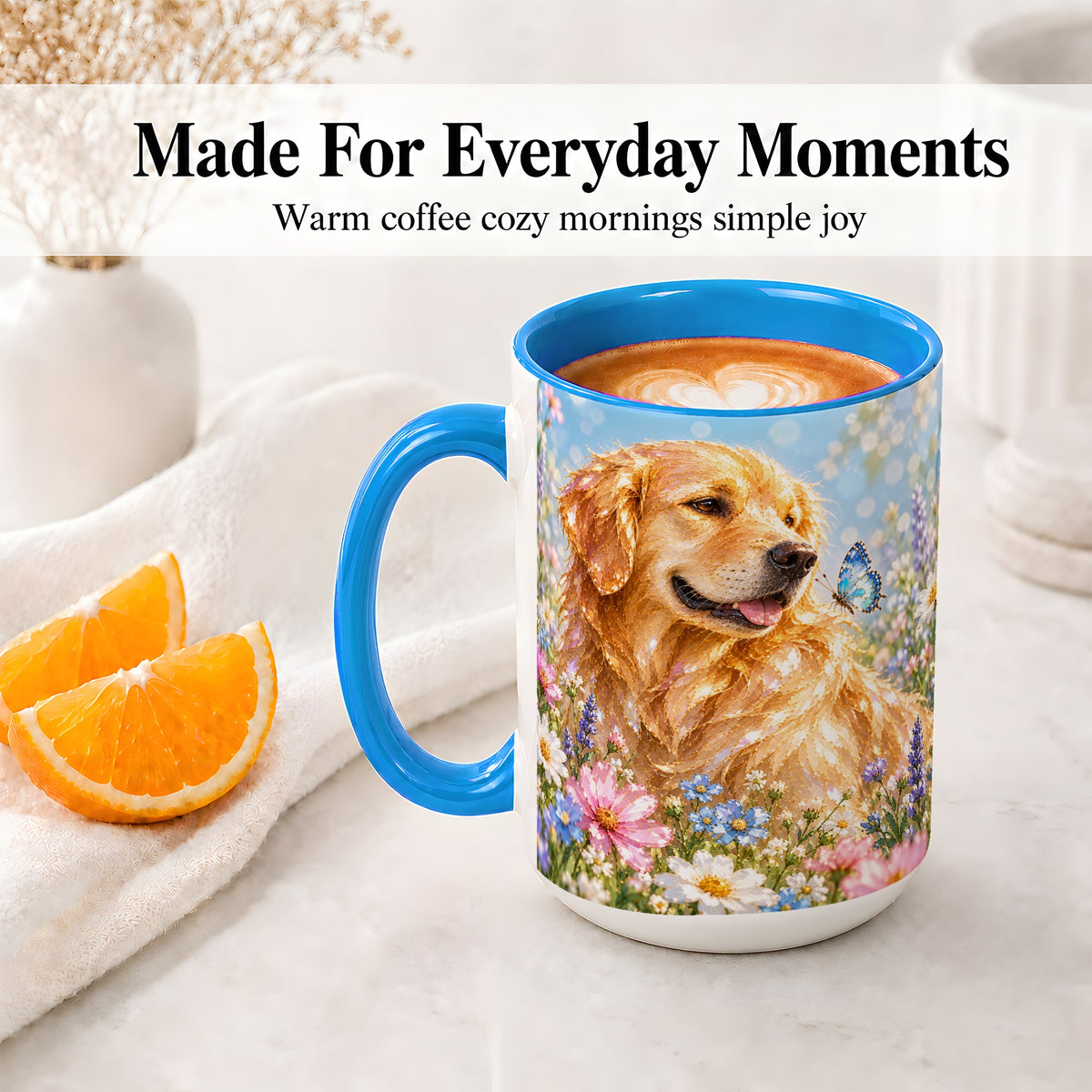 #pl[15oz|Blue] Golden Retriever Floral Accent Mug, Ceramic Mug with Dog Artwork