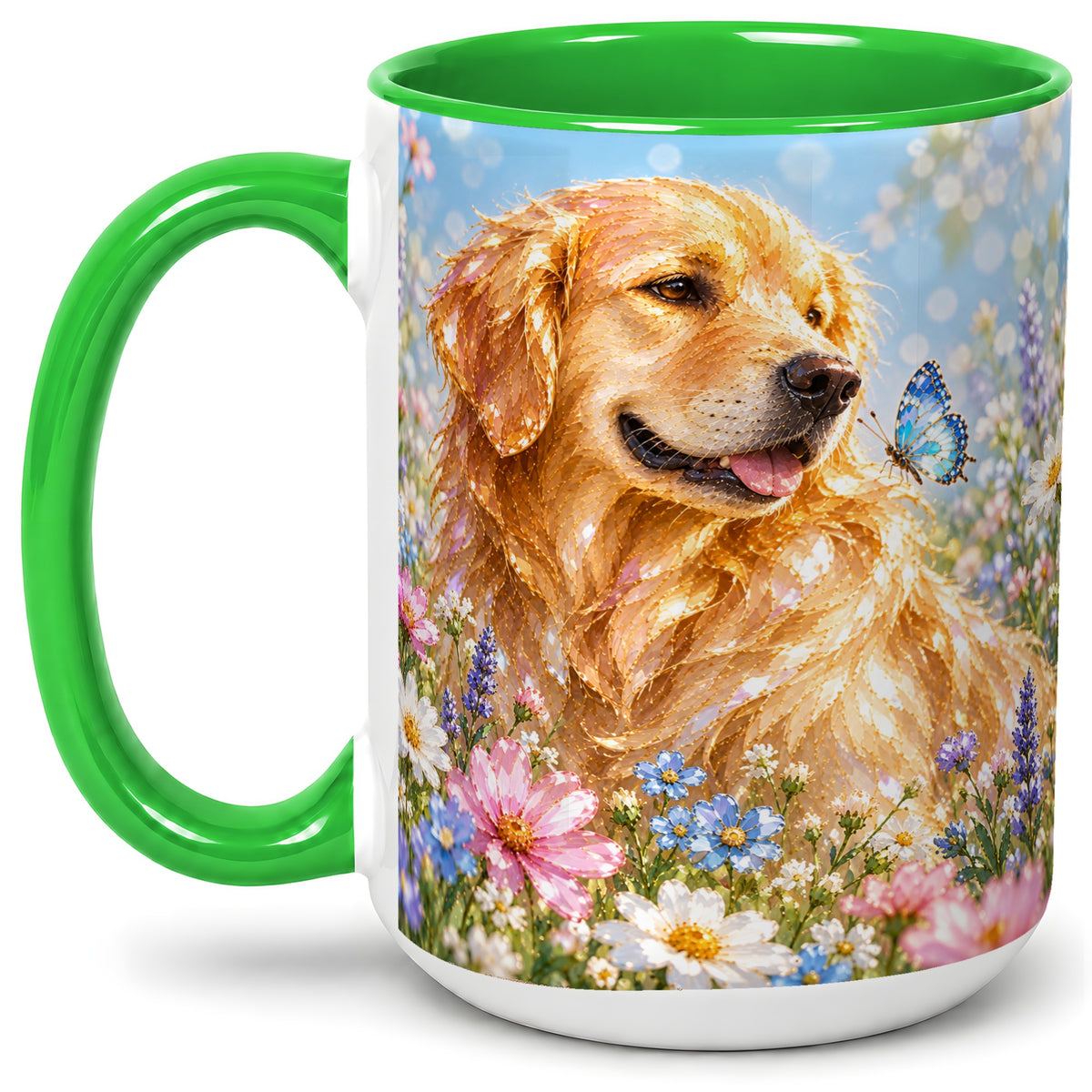 #pl[15oz|Green] Golden Retriever Floral Accent Mug, Ceramic Mug with Dog Artwork