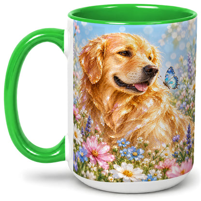 #pl[15oz|Green] Golden Retriever Floral Accent Mug, Ceramic Mug with Dog Artwork