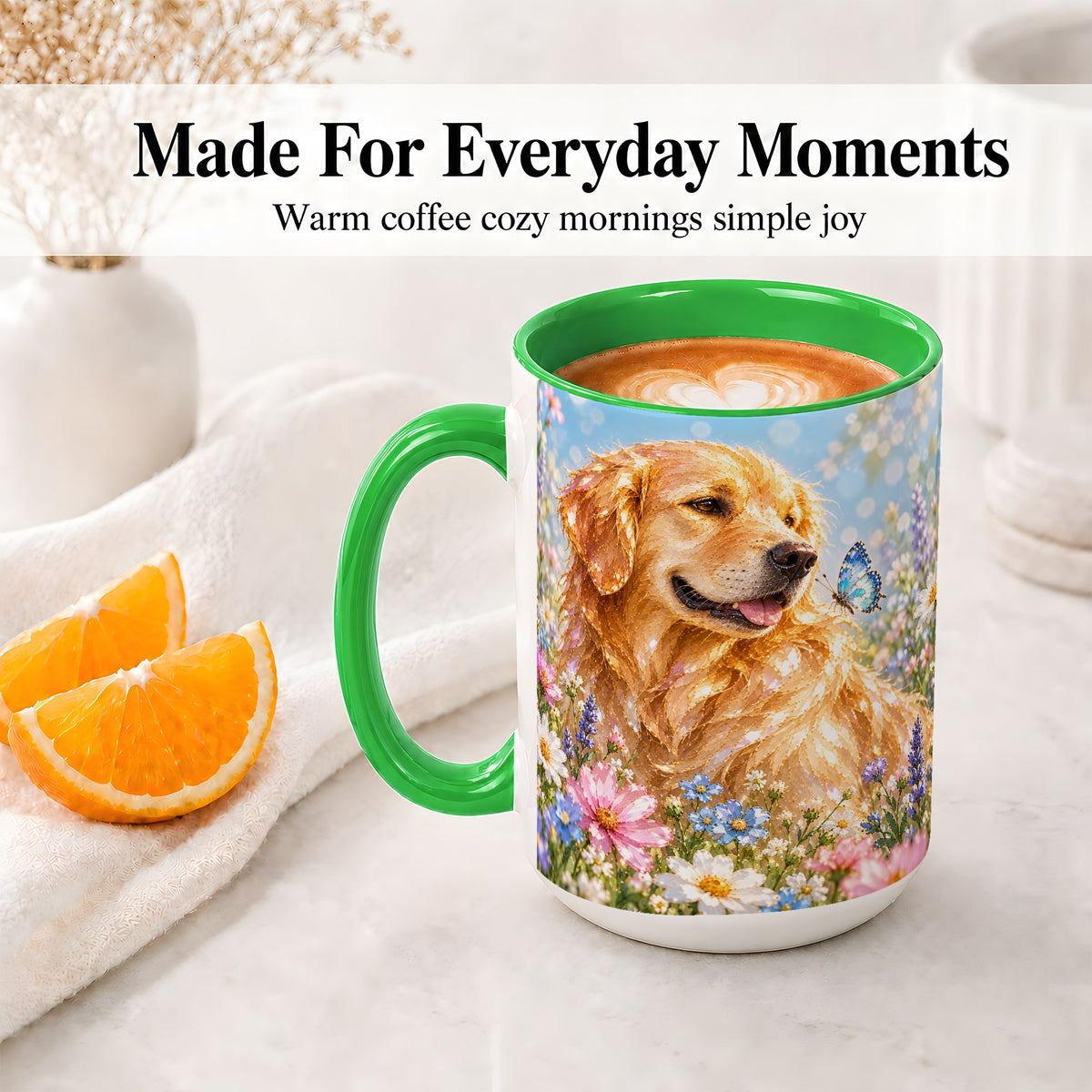 #pl[15oz|Green] Golden Retriever Floral Accent Mug, Ceramic Mug with Dog Artwork