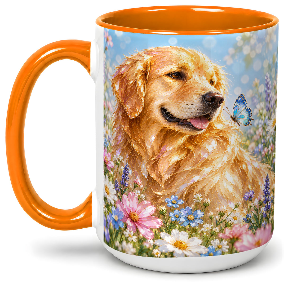 #pl[15oz|Orange] Golden Retriever Floral Accent Mug, Ceramic Mug with Dog Artwork
