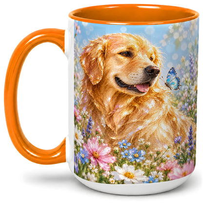 #pl[15oz|Orange] Golden Retriever Floral Accent Mug, Ceramic Mug with Dog Artwork