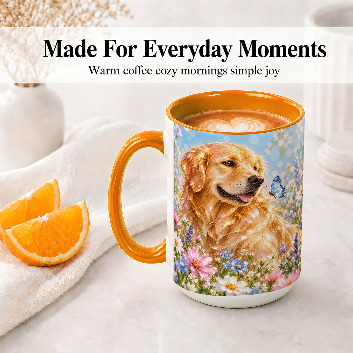 #pl[15oz|Orange] Golden Retriever Floral Accent Mug, Ceramic Mug with Dog Artwork