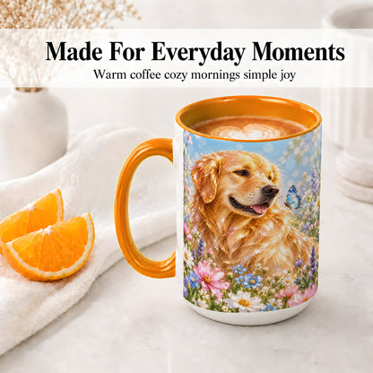 #pl[15oz|Orange] Golden Retriever Floral Accent Mug, Ceramic Mug with Dog Artwork