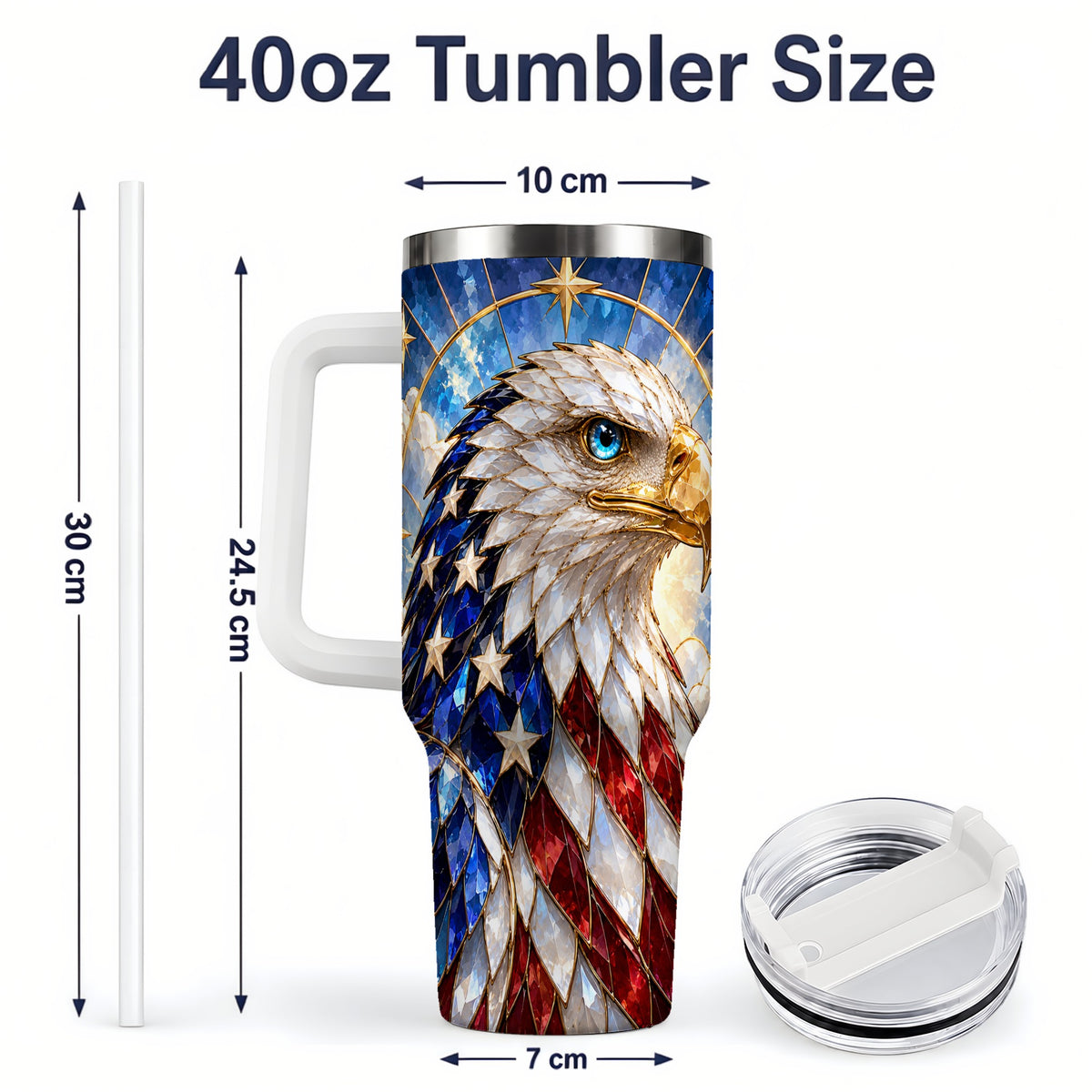 #pl[40oz|White] Patriotic Bald Eagle Tumbler, 40oz Stainless Steel Drinkware with Flag Art