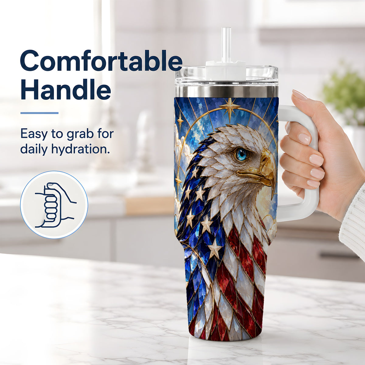 #pl[40oz|White] Patriotic Bald Eagle Tumbler, 40oz Stainless Steel Drinkware with Flag Art